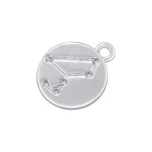 Detail showing a silver Virgo zodiac pendant with copper zircon inlays on white background