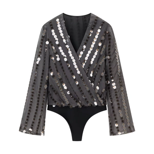 Elegant black long sleeve V-neck bodysuit with shimmering sequin embellishments