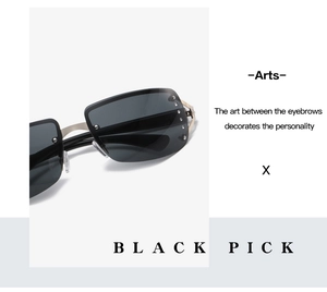Close-up of rimless square sunglasses with silver stud accents and dark gray lenses