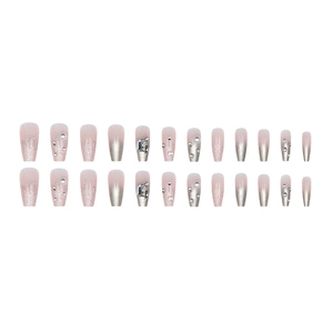 Pink gradient coffin nails with silver glitter, pearls and rhinestones 24pcs set