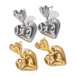 Textured 18K gold and silver titanium steel heart drop earrings in a minimalist style