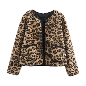 Women Leopard Print Sherpa Fleece Jacket Retro Round Neck Long Sleeve Coat With Ribbon Bow Closure And Pockets