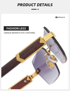 Detailed view of frameless sunglasses with gold metal hinges and brown wood grain temples