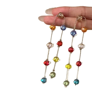Stylish colorful faceted glass bead tassel drop earrings with hypoallergenic silver needles