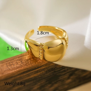 Macro detail of gold-plated wide band ring showing dimensions 1.3cm height and 8g weight
