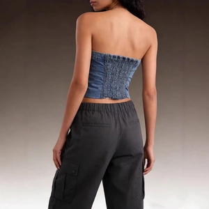 Sexy blue denim tube top for women featuring elastic pleated back and cargo pants