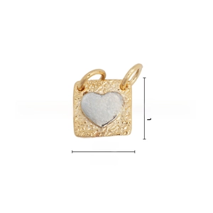 Detail of 18k gold plated square pendant with silver heart and hammered texture