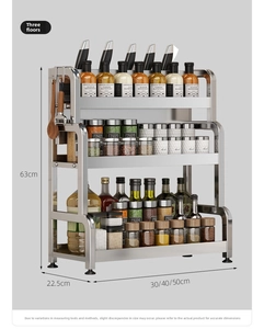 Three-tier stainless steel kitchen rack with knife holder and hooks for spice storage
