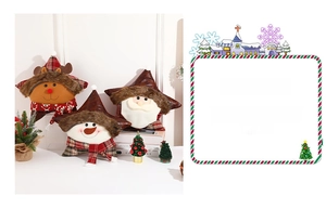 Détail de coussins de Noël en forme d'étoile avec motifs de renne, bonhomme de neige et Père Noël
