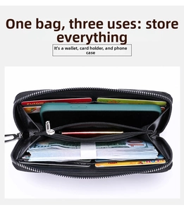Detailed interior of a large capacity long zip wallet with phone slot and card holders
