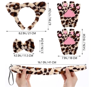 Detailed size chart of leopard cat ear headband with matching bow tie and paw gloves