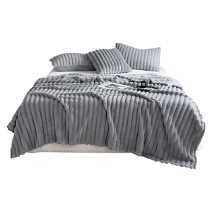 Thick grey striped flannel bedding set with fluffy faux rabbit fur blanket and pillowcases