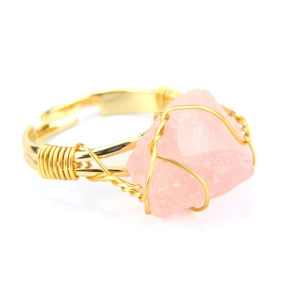 Detailed close-up of handmade gold wire-wrapped pink raw quartz stone adjustable ring