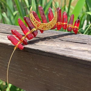 Handmade red crystal moon crown headband with golden wire wrapping for women