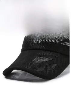 Detailed macro view of breathable mesh fabric and curved brim on a black sports sun hat