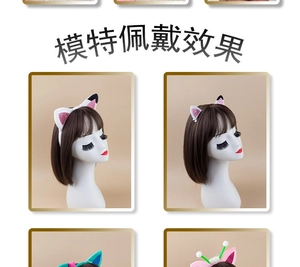 Detail showing plush cat ear headband with sequins and faux fur trim on a model head