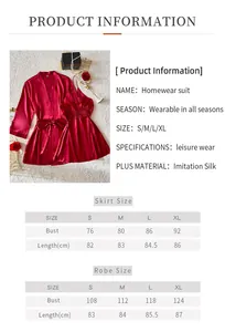Tableau des tailles détaillé pour ensemble pyjama rouge en imitation soie avec robe et nuisette