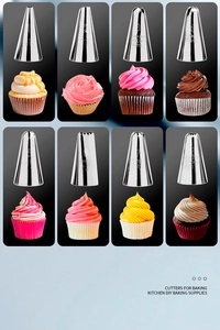 Detail of 8 stainless steel piping tips showing different cream patterns and textures