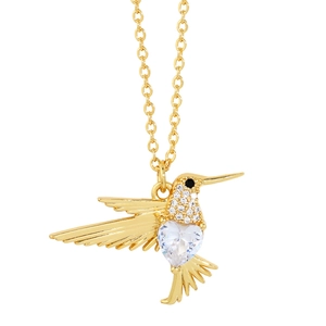 Luxury gold hummingbird necklace with heart-shaped zircon stone and sparkling diamonds