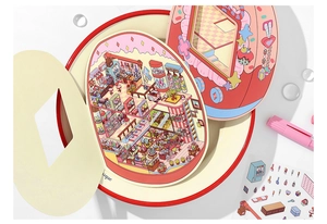 Detail of 2.5D illustration DIY scene stickers with folding cards and accessories