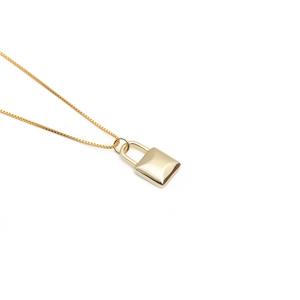 Minimalist gold lock pendant necklace with sleek box chain on a clean white background