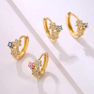 Gold plated hoop earrings with zircon stars and colorful evil eye charms for women