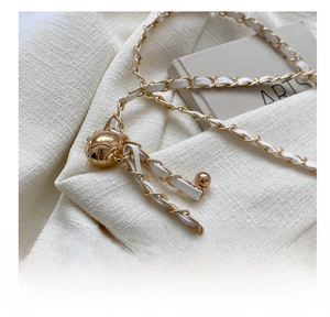 Detail of gold metal chain strap with woven leather and adjustable spherical buckle