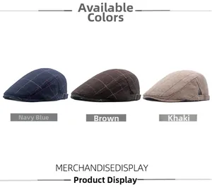 Three vintage tweed flat caps in navy, brown, and khaki with classic checkered patterns