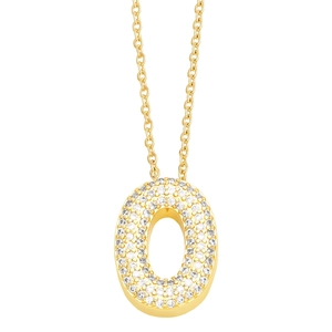 Detailed view of capital letter O pendant with cubic zirconia pavé on gold chain