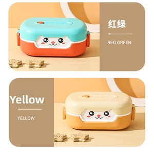Detail of cartoon lunch box lid with secure side buckles and cat face printing
