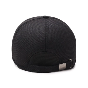 Rear view of black corduroy baseball cap with adjustable metal buckle and strap
