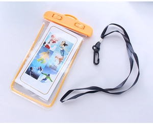 Close-up of yellow waterproof phone pouch with secure swivel locks and black lanyard