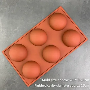 Detailed view of 6-cavity silicone mold with 6.5cm semi-sphere dimensions and logo