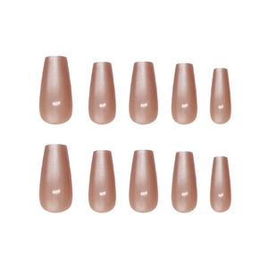 Set of 10 handmade rose gold cat eye coffin nails with metallic finish on white background