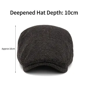 Deep crown dark grey herringbone flat cap for men with warm autumn winter wool texture