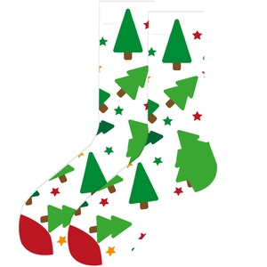 Detailed view of Christmas socks featuring festive green trees and red star patterns