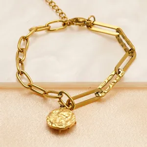 18K gold-plated stainless steel paperclip link bracelet with round textured coin pendant