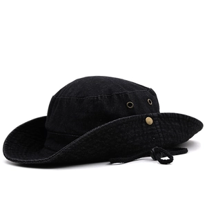 Chapeau de soleil classique en denim noir à large bord avec cordelette réglable pour extérieur
