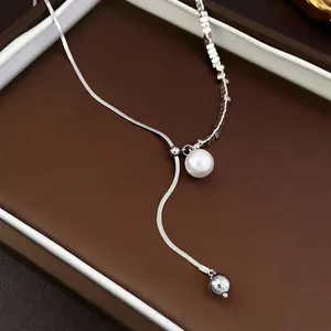 French style silver snake chain necklace with pearl and metal ball pendant in deep dish