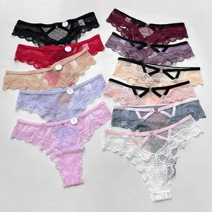 Women Sexy Lace Polka Dot Mesh Thong Panties Hollow Out Low Waist T-Back With Heart Metal Buckle Breathable Underwear