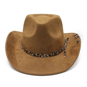 Brown faux suede western cowboy hat with wide brim and leopard print decorative band