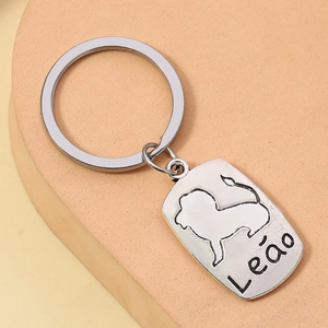 Macro shot of silver metal keychain with Leo zodiac lion engraving on textured stand