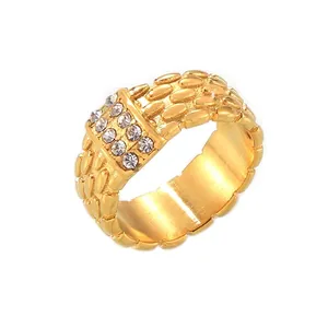 Anillo Textura Tejida Acero De Titanio Chapado En Oro De 18K Con Doble Fila De Diamantes Checos Estrás Moda Para Mujeres