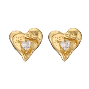 Elegant gold heart stud earrings featuring lava texture metal and sparkling cubic zirconia