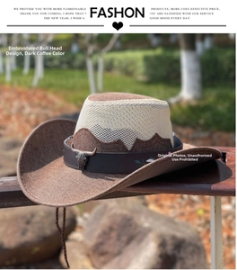 Detail of dark brown cowboy hat with metal bull head emblem and floral embroidery
