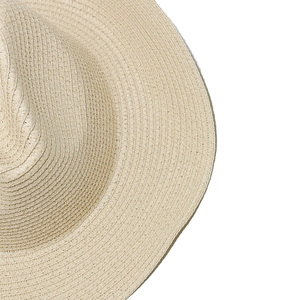 Close-up detail of beige Panama straw hat showing fine spiral weaving texture and craftsmanship