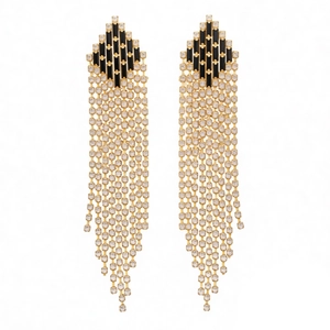 Vintage art deco style rhombus earrings with long rhinestone tassels and gold finish