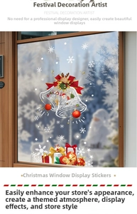 Detailed Christmas window decals showing red bells, snowflakes, and gift box decorations