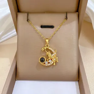 Elegant Gold Stainless Steel Pegasus Unicorn Moon Pendant Necklace With Zircon And Projection Stone Fashion Jewelry For Women