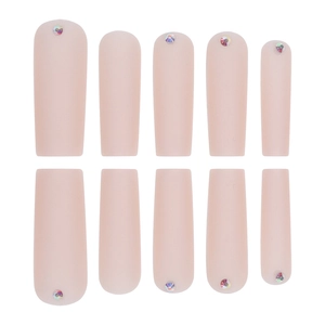 Matte pink long coffin press-on nails set featuring iridescent rhinestones on white background